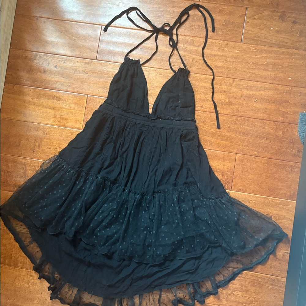 Black Halter Dress with Sheer Polka Dot Skirt